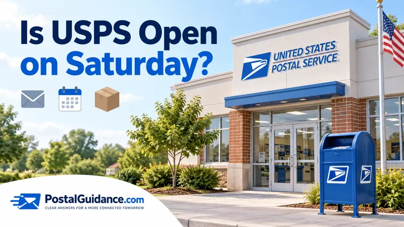 Illustrated USPS post office and mailbox beneath the question Is USPS Open on Saturday?