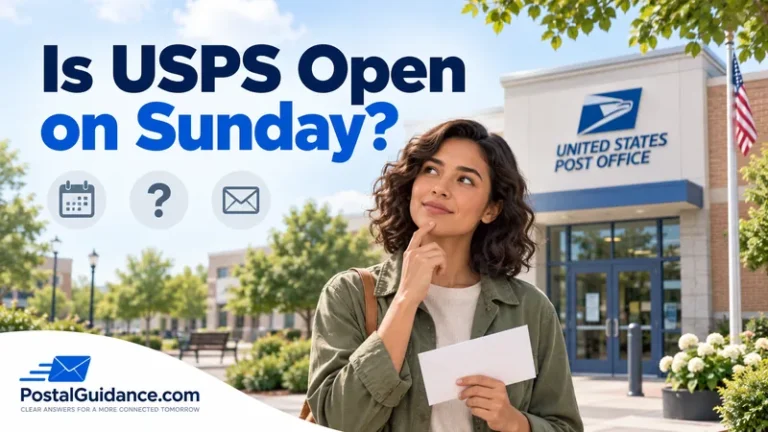 Customer holding an envelope outside a USPS post office beneath the question Is USPS Open on Sunday?