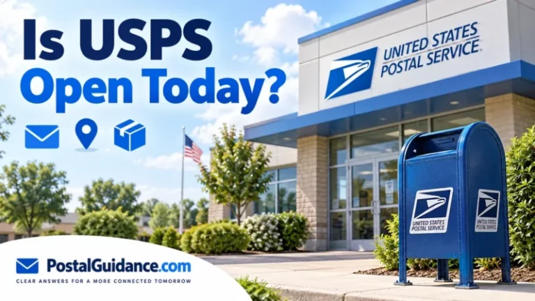 USPS post office and blue collection mailbox beneath the question Is USPS Open Today.