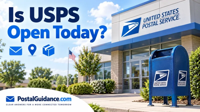 USPS post office and blue collection mailbox beneath the question Is USPS Open Today.