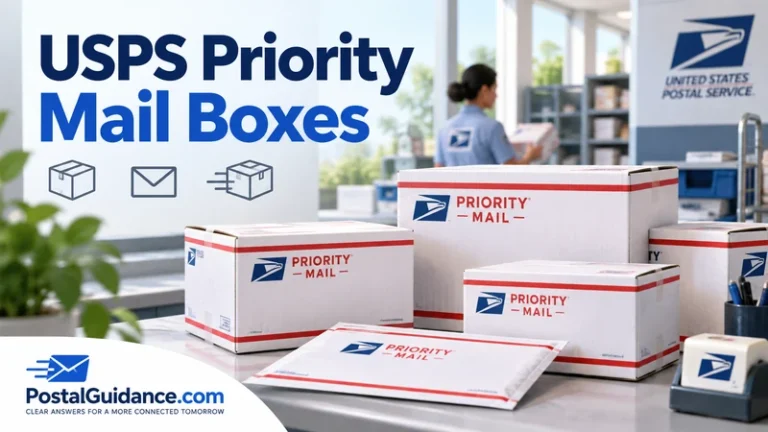 USPS Priority Mail packaging on a postal counter beneath the heading USPS Priority Mail Boxes.
