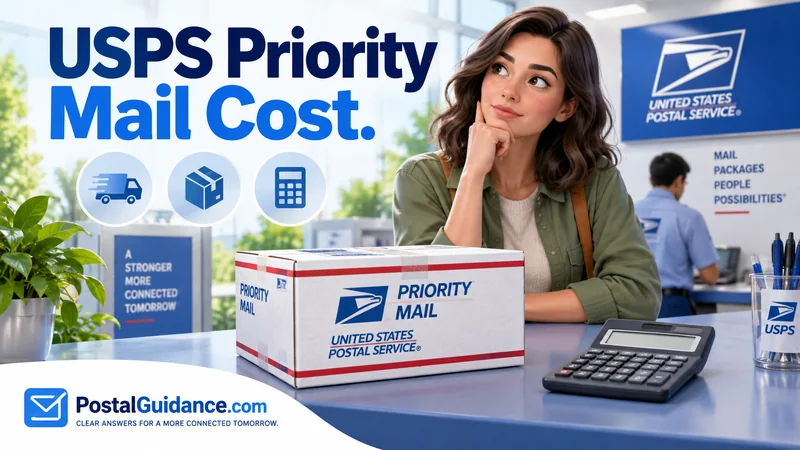 Customer considering a Priority Mail parcel beside a calculator with a blank display. Headline: USPS Priority Mail Cost