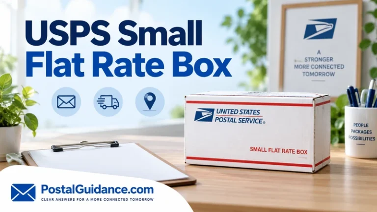 Small white Flat Rate Box with red and blue accents beside a blank clipboard. Headline: USPS Small Flat Rate Box