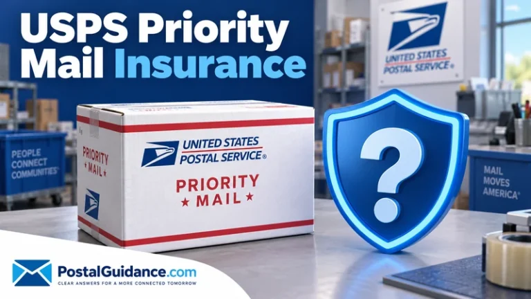 Priority Mail parcel with a shield outline containing a question mark.