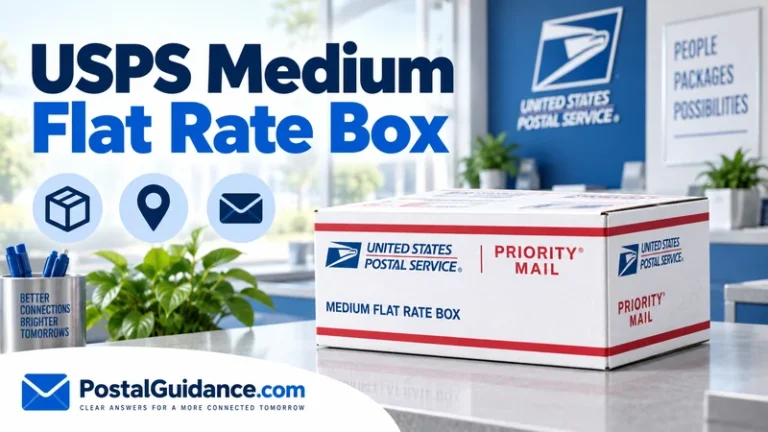 Medium white Flat Rate Box on a bright postal counter. Headline: USPS Medium Flat Rate Box