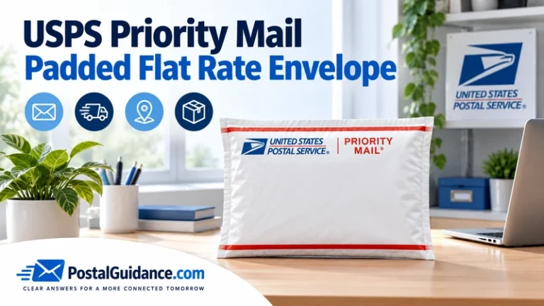 USPS padded mailing envelope on a desk. Headline: USPS Priority Mail Padded Flat Rate Envelope