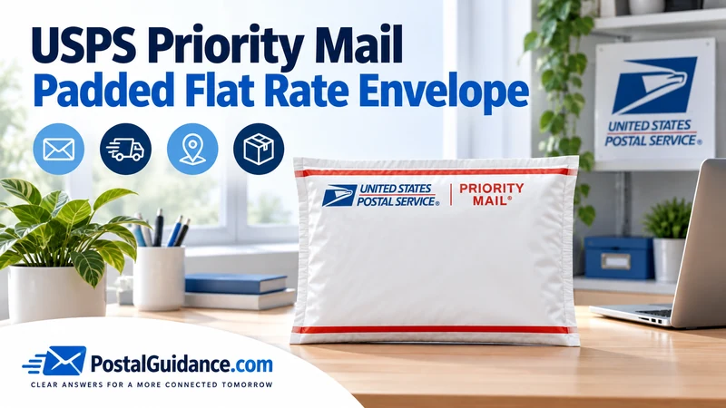 USPS padded mailing envelope on a desk. Headline: USPS Priority Mail Padded Flat Rate Envelope
