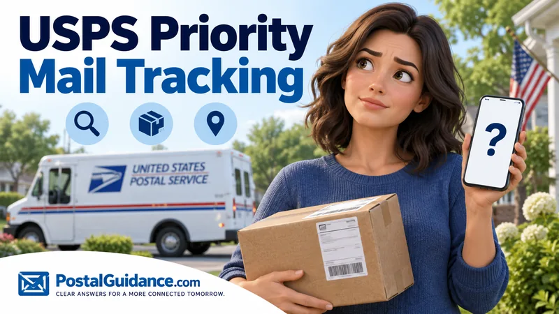 Customer holding a parcel and phone showing a question mark, with a USPS truck nearby. Headline: USPS Priority Mail Tracking