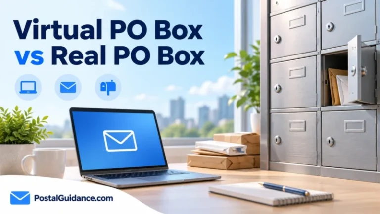 Laptop with envelope icon beside physical PO boxes for a virtual versus real PO box comparison.