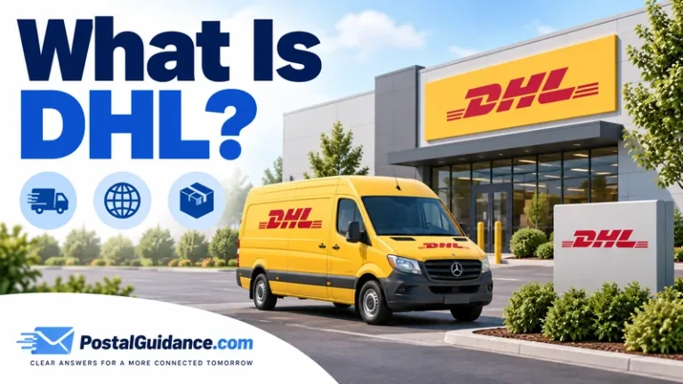 Yellow DHL van outside a DHL facility. Headline: What Is DHL?