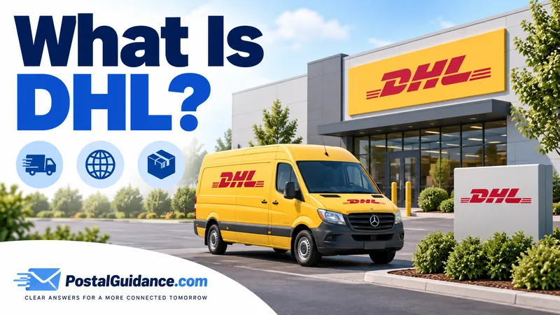 Yellow DHL van outside a DHL facility. Headline: What Is DHL?