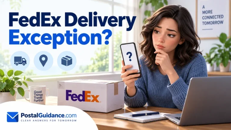 Customer holding a phone with a question mark beside a FedEx parcel. Headline: FedEx Delivery Exception?
