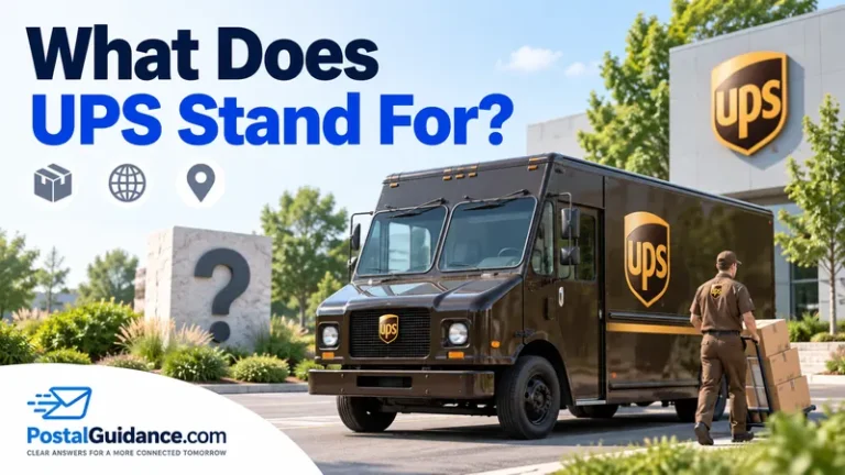 UPS truck outside a facility beneath the question What Does UPS Stand For?