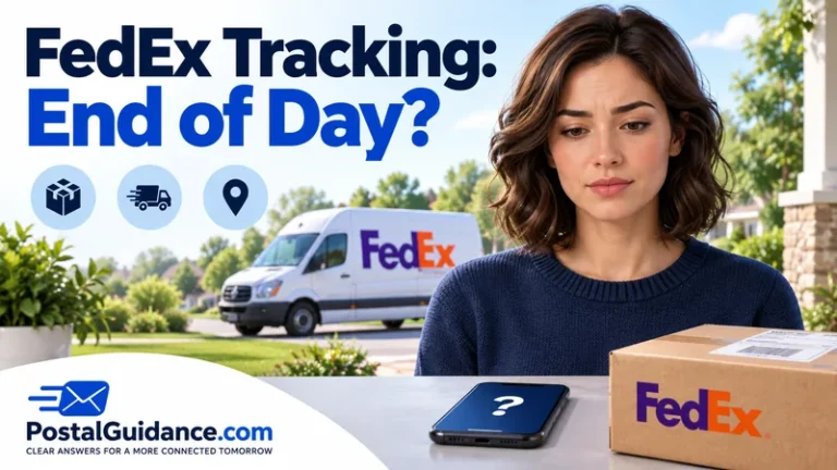 Customer looking at a question-mark phone beside a FedEx parcel. Headline: FedEx Tracking: End of Day?
