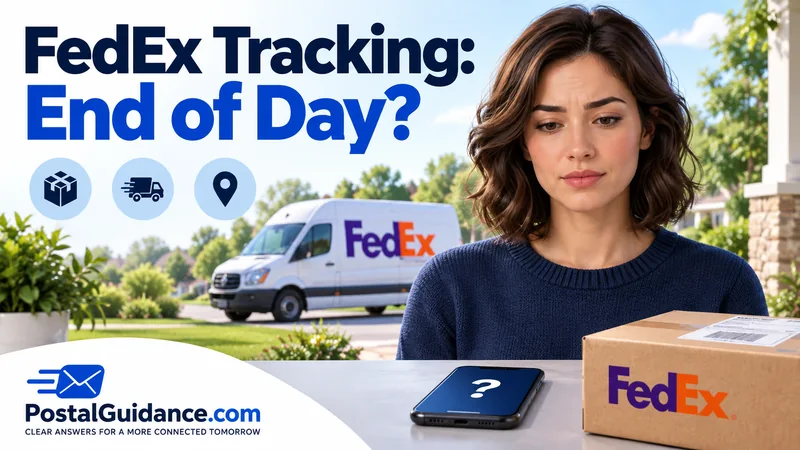 Customer looking at a question-mark phone beside a FedEx parcel. Headline: FedEx Tracking: End of Day?