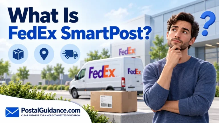 Thoughtful customer beside a parcel and FedEx van. Headline: What Is FedEx SmartPost?