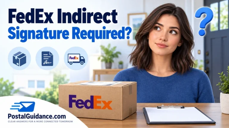 Customer beside a FedEx parcel and blank clipboard. Headline: FedEx Indirect Signature Required?