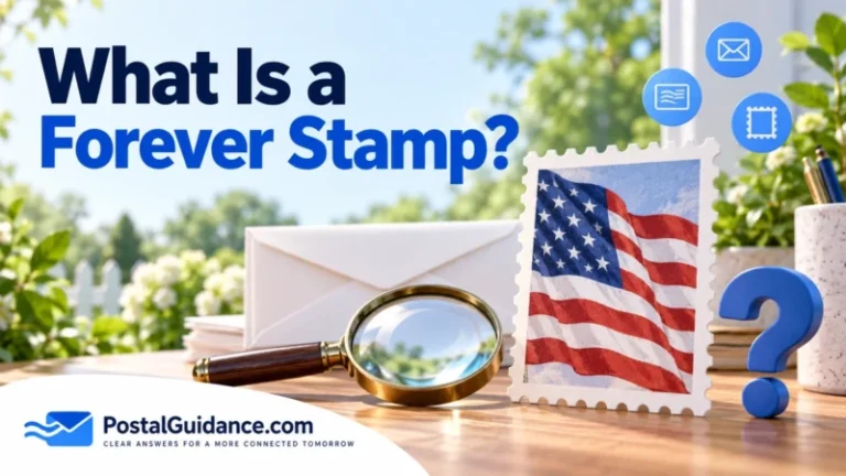 Flag-inspired postage stamp beside a magnifying glass and envelope for What Is a Forever Stamp.