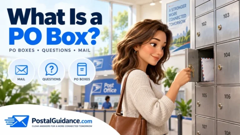 What is a PO Box? Illustration of a customer opening a mailbox inside a post office.