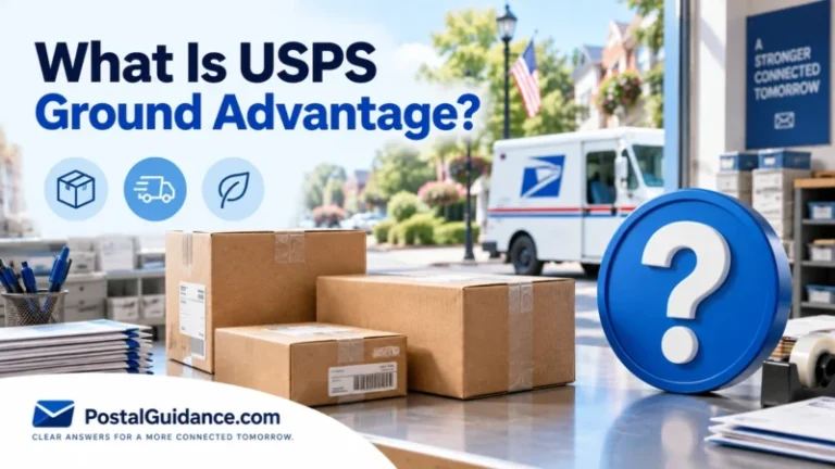 USPS Ground Advantage headline with shipping parcels and a postal delivery truck.