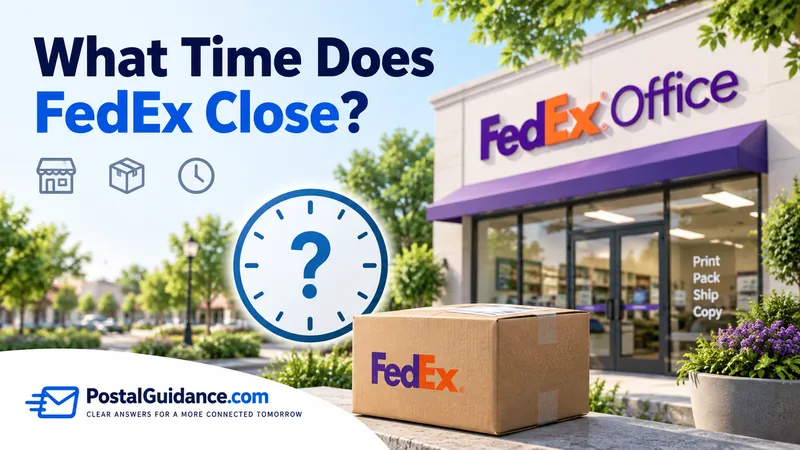 FedEx location with a parcel and question-mark clock beneath the heading What Time Does FedEx Close?