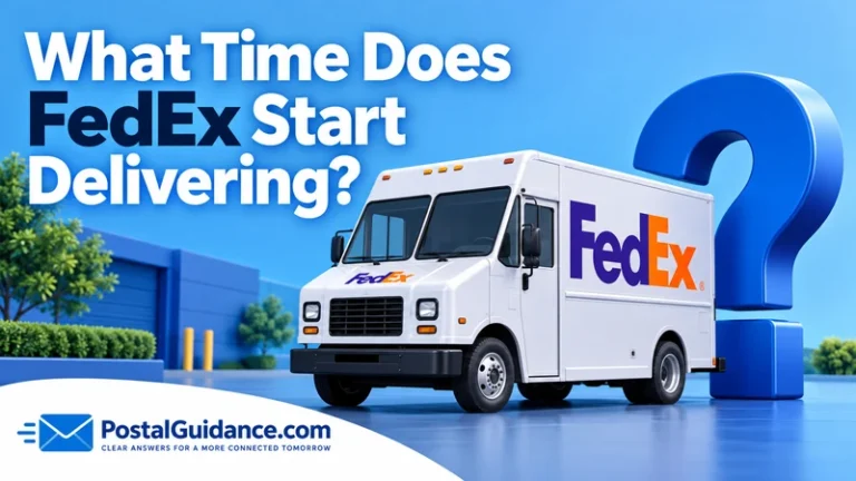 FedEx truck beside a blue question mark about delivery start times.