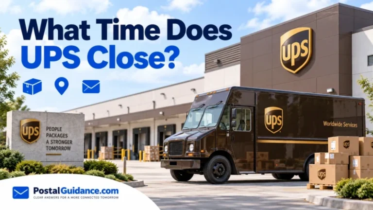 Brown UPS truck and parcels outside a distribution depot beneath the question What Time Does UPS Close.