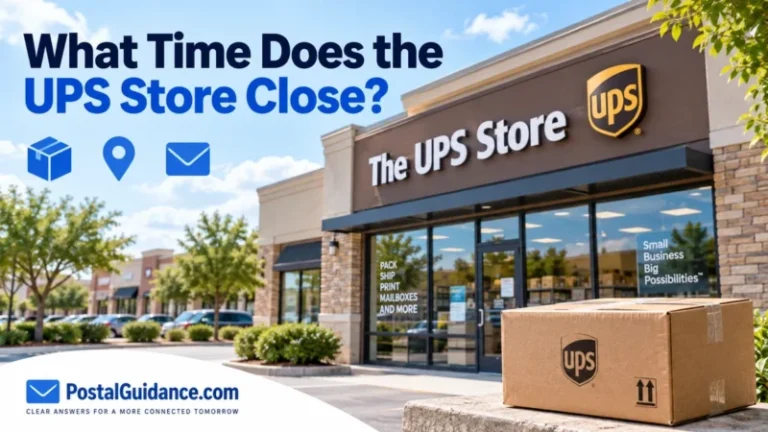 The UPS Store exterior and a cardboard parcel beneath the question What Time Does the UPS Store Close.
