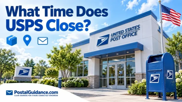 USPS post office, American flag and blue collection mailbox beneath the question What Time Does USPS Close.