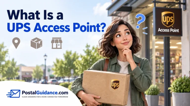Customer with a parcel beside a UPS Access Point sign beneath the question What Is a UPS Access Point?