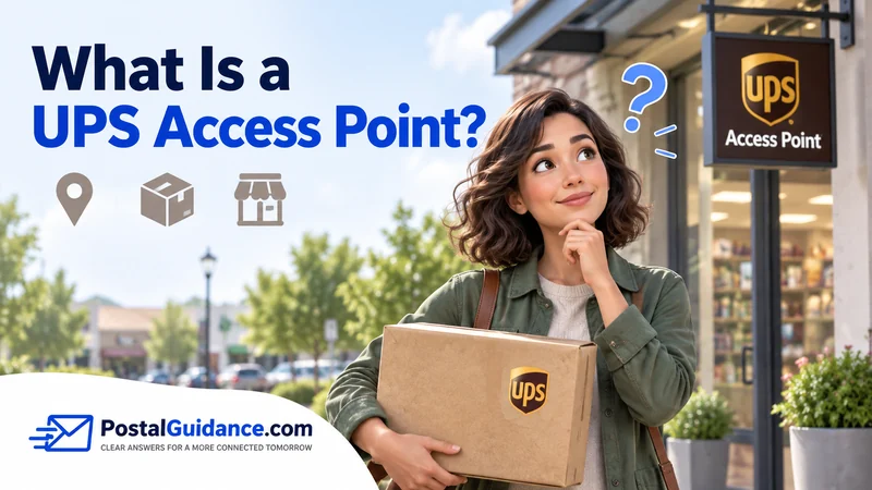 Customer with a parcel beside a UPS Access Point sign beneath the question What Is a UPS Access Point?