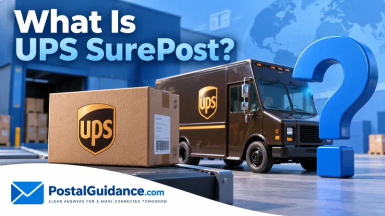 UPS truck and parcel beside a blue question mark about SurePost.