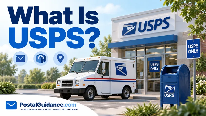 USPS vehicle and blue mailbox outside a postal building. Headline: What Is USPS?