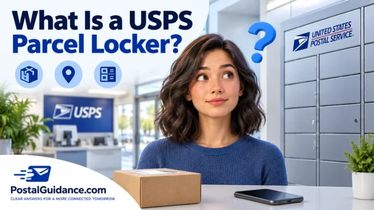Customer beside closed USPS parcel lockers. Headline: What Is a USPS Parcel Locker?