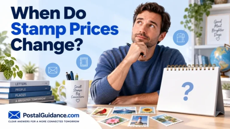 Man considering decorative stamps beside a question-mark calendar for stamp price changes.