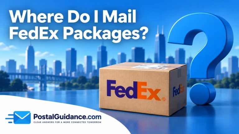 FedEx parcel beside a question mark against a city-themed background.