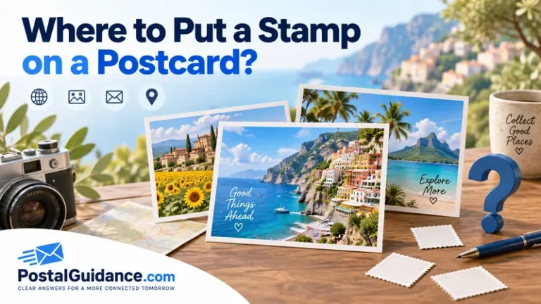 Picture-side postcards and loose blank stamps beneath the question Where to Put a Stamp on a Postcard?