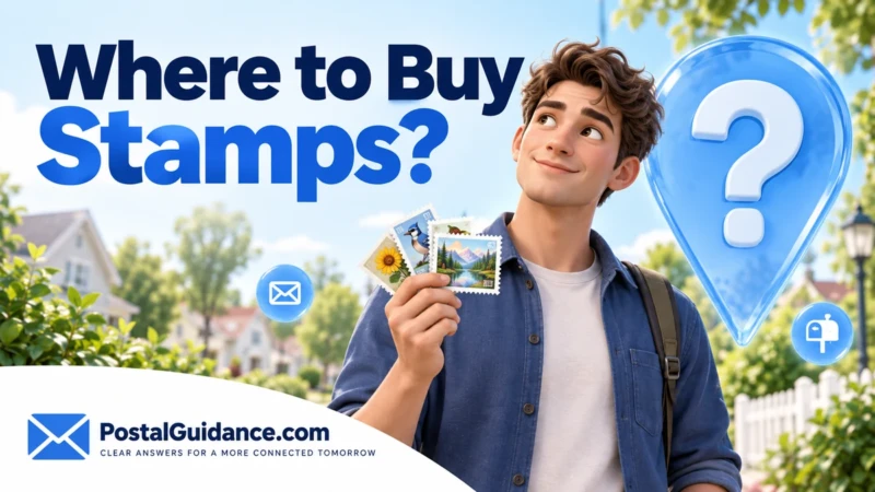 Young man holding postage stamps beside a question-mark location pin for Where to Buy Stamps.