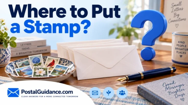 Loose decorative stamps beside envelope backs, a pen and question mark for stamp placement.