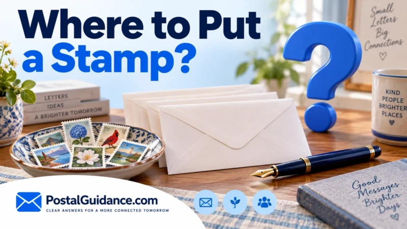 Loose decorative stamps beside envelope backs, a pen and question mark for stamp placement.