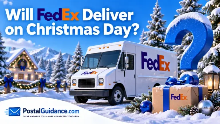 FedEx truck and parcel in a snowy Christmas scene with a question mark.