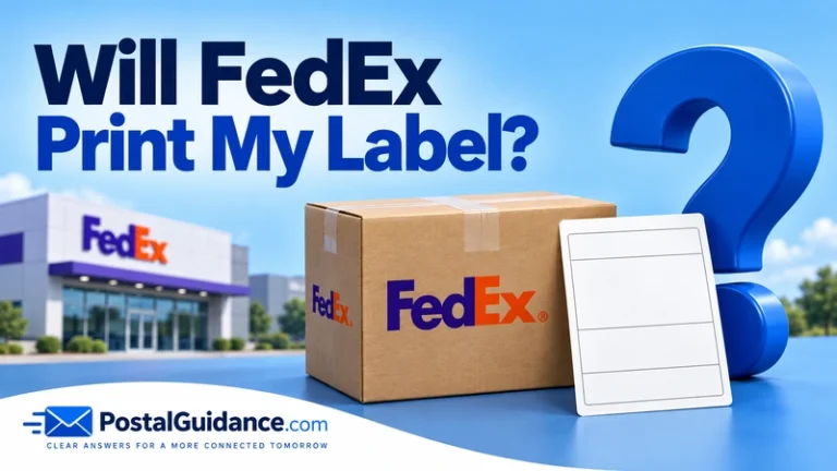FedEx parcel with a blank shipping label and blue question mark.