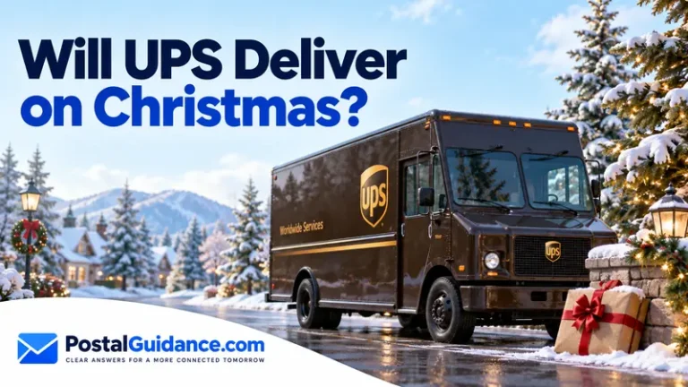 UPS truck and wrapped parcel in a snowy Christmas scene.