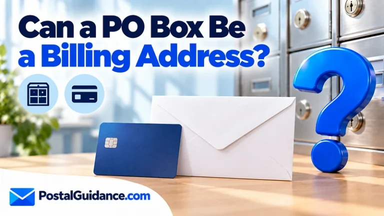PO Box doors, envelope back and blank card beneath a billing address question.