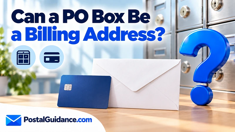 PO Box doors, envelope back and blank card beneath a billing address question.