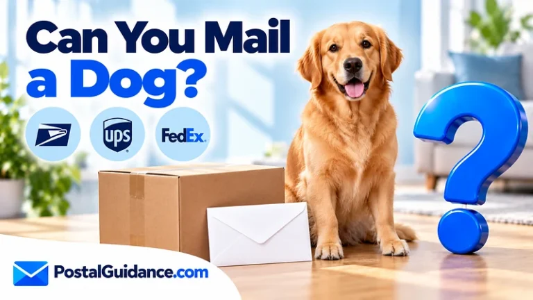 Dog beside a separate closed parcel beneath a question about mailing a dog.