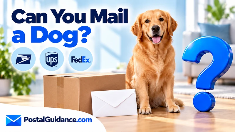 Dog beside a separate closed parcel beneath a question about mailing a dog.