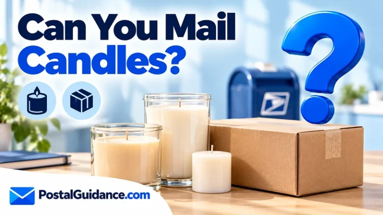 Unlit candles beside a cardboard parcel and blue question mark beneath the headline Can You Mail Candles?