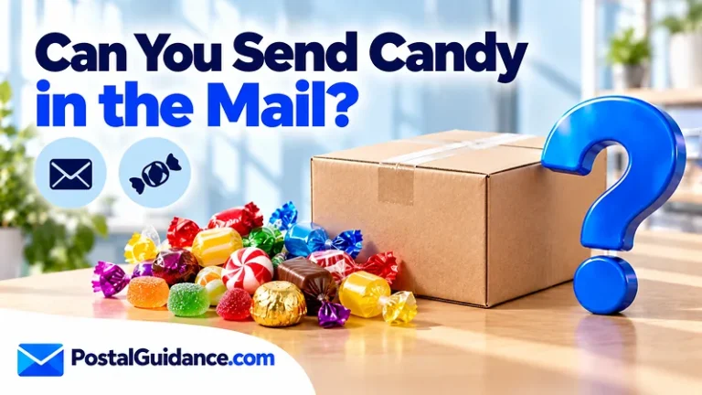 Wrapped candies and separate parcel beneath a mailing question.