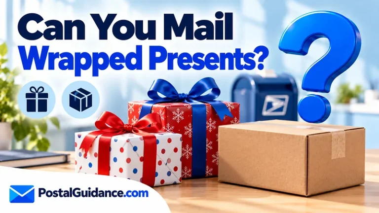 Wrapped gifts beside a separate plain parcel beneath a mailing question.
